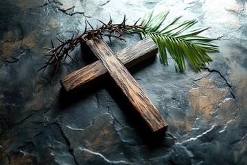 weathered wooden cross with crown of thorns and green palm frond on cracked dark stone, dramatic light and deep shadows evoking solemn reverence and quiet contemplation