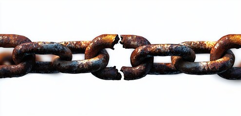 Close-up of a rusty metal chain with a jagged broken link and corroded links, evoking tension, fragility, and decay