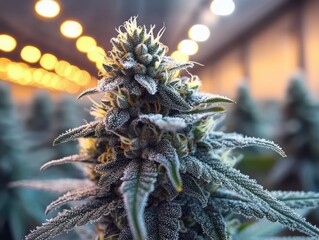 Frosted cannabis bud heavy with trichomes and orange pistils, serrated leaves under warm indoor grow lights with blurred rows of plants, evoking a luminous serene mood