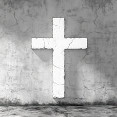 white cracked cross on a weathered concrete wall with rough floor and long shadow, stark solemn and contemplative atmosphere
