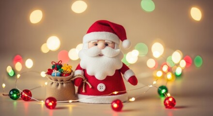 Santa claus figurine with gift sack and festive lights