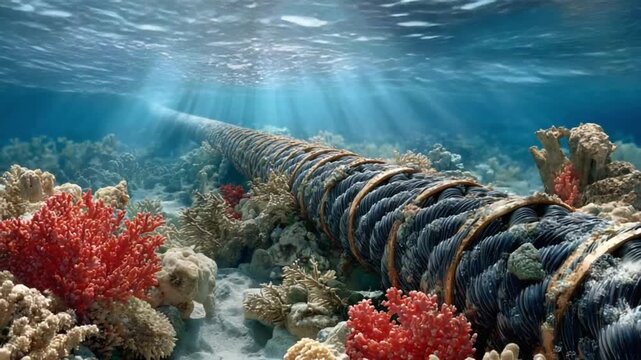 Underwater Cables: A detailed view of a long, robust undersea cable winding across the ocean floor. The cable snakes through a vibrant underwater landscape teeming with life.