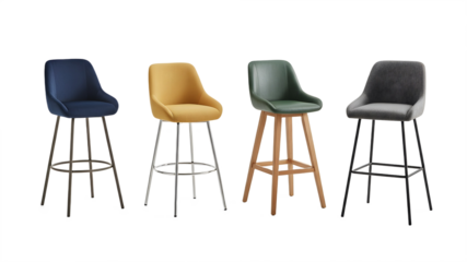 Four modern bar stools: navy, yellow, green, and grey fabric, isolated