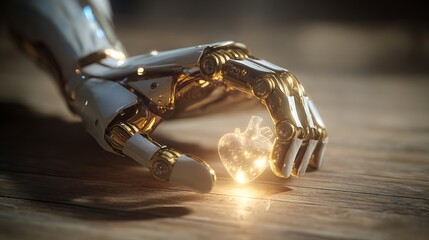 Robotic hand holding a glowing heart on a wooden surface displaying futuristic technology and love