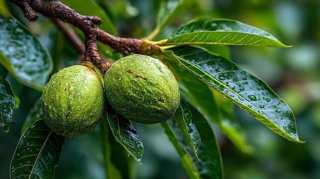 Macro shot highlights fresh green unripe walnuts hanging on branch with leaves against soft bokeh green background showing nature detail.