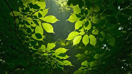 Sunlight filtering through lush green leaves in a serene forest canopy creating dappled light and