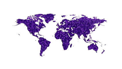 Purple Pixelated World Map on White Background