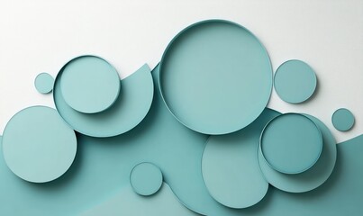 layered overlapping teal and turquoise circular paper cutouts in various sizes with soft shadows on a textured white and seafoam background, calm minimalist abstract scene