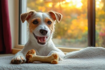 Small dog with visible ears and paws resting on a soft windowsill cushion, holding a chew bone while warm golden sunlight and autumn foliage glow outside, cozy and content