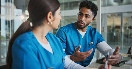 People, meeting and nurses talking in office for planning, medical results and patient history....