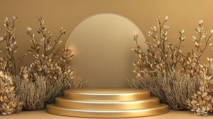 Elegant Golden Display with Arched Background and Floral Accents
