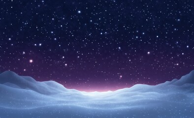 Naklejka premium Serene snowy dunes under a star-filled violet night sky with sparkling snow and a soft glowing horizon