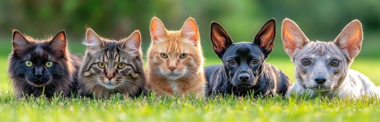 Five Adorable Pets Lying Together on Green Grass Under Bright Sunlight