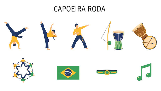 Flat vector icons illustrating various elements of Capoeira