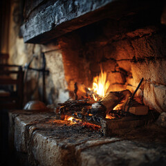 Warm Cozy Fireplace in Rustic Cabin with Christmas Tree Decoration