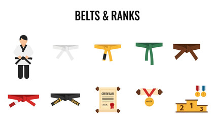 Icons representing martial arts belts ranks awards and a podium