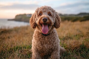 Joyful curly-haired dog sitting on a grassy coastal bluff at sunset, tongue out and smiling with sea and distant cliffs in the background