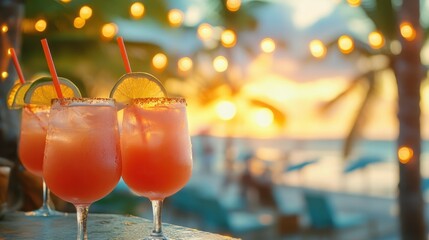 Refreshing Tropical Cocktails at Sunset with Bokeh Lights Background