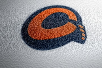 Embossed orange letter c inside a navy speech bubble with three small dots on textured paper, modern playful confident branding mockup