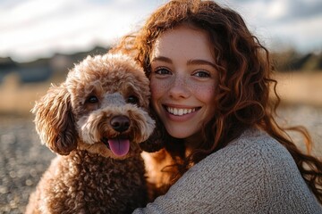 woman hugging a curly brown dog on a pebbled shore, happy dog with tongue out in a warm affectionate golden hour moment