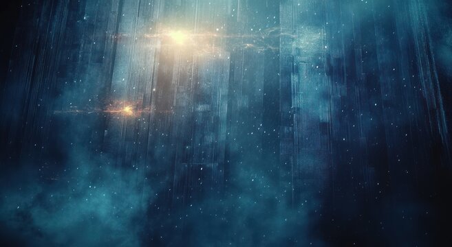 Misty blue cosmic data rain with vertical light streaks, glowing amber orbs, drifting particles and a mysterious futuristic atmosphere - Powered by Adobe