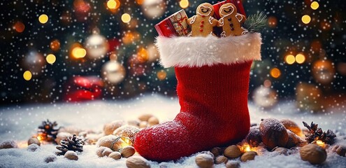 red holiday stocking with white fur cuff filled with gingerbread cookies and a small wrapped gift, surrounded by pine cones, nuts and warm bokeh lights in falling snow, cozy festive joy