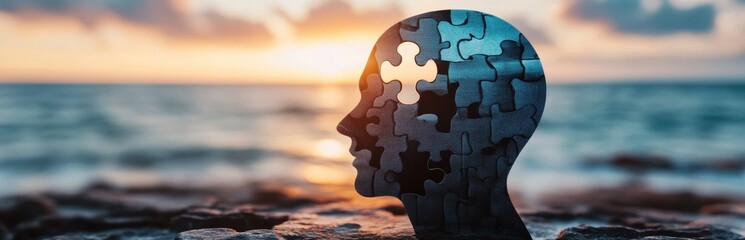Puzzle Head Silhouette Against Sunset at Serene Ocean Horizon
