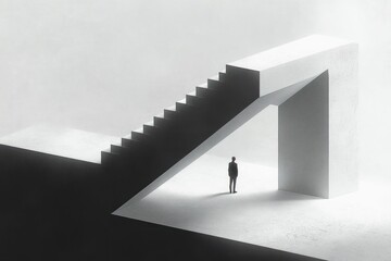 small solitary figure beneath a massive angular staircase and arch in a stark minimalist black and white space evoking isolation and quiet contemplation