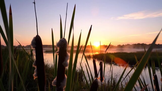 Towering cattails with fuzzy brown heads reach towards a misty sunrise over a tranquil wetland lake