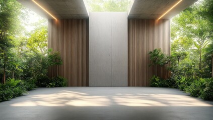 Minimalist open concrete pavilion with vertical wooden panels, skylight and warm recessed lighting, surrounded by lush green plants and sunlit forest, calm serene atmosphere