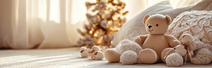 Cozy Bear Toy on Soft Blanket with Warm Holiday Atmosphere