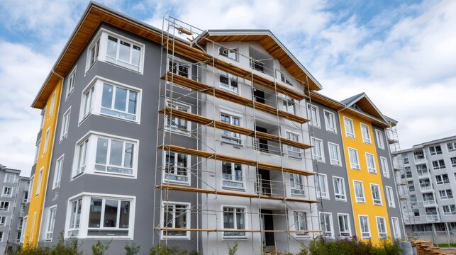 Apartment building under construction with scaffolding and new facade