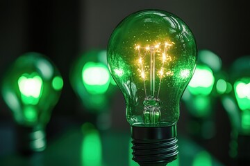 Sparkling Green Light Bulb with Glowing Filament in Focus