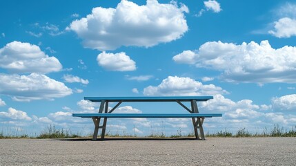 Blue Picnic Table Under Bright Clouds in Open Landscape