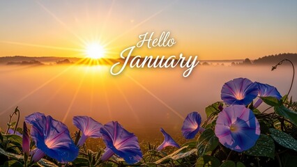 Hello January text on a beautiful sunrise over a misty lake with purple flowers.