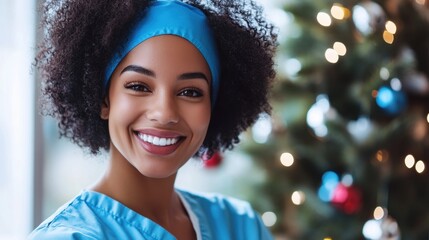 Smiling Healthcare Professional Posing Near Christmas Tree Decor