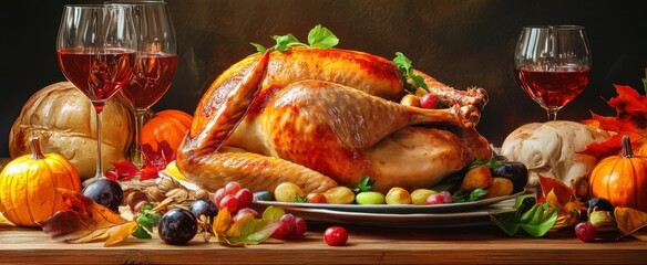 Roasted Turkey Surrounded by Harvest Fruits and Autumn Decorations