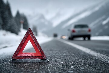 Red emergency warning triangle placed on asphalt road sits before blurred gray car in snowy winter mountain landscape with overcast sky.