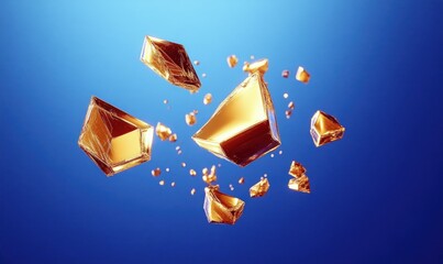 Floating golden geometric crystal shards and tiny fragments against a deep blue gradient background, evoking elegance and dynamic motion