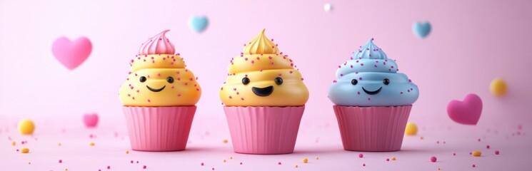Cute and Colorful Cupcakes with Sprinkles on Soft Pink Background