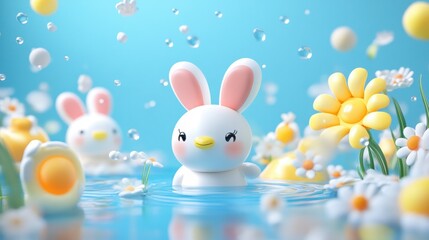 Cute rabbit figurines playing in a colorful water pool scene