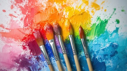 Fototapeta premium Vibrant Paintbrushes on Colorful Abstract Paint Palette Background