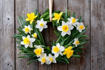 Obraz premium Daffodil wreath celebrating Easter and spring season on wood