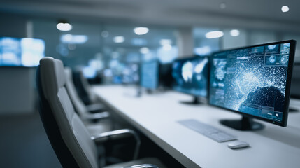 A futuristic command center comes to life, showcasing the pinnacle of modern technology, featuring sleek computer monitors, with a blurred backdrop hinting at collaborative work and data analysis.