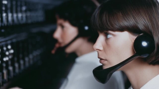 Vintage telephone operators working with switchboard equipment in a retro office setting