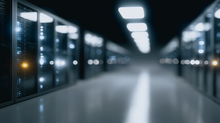 A futuristic data center corridor, with rows of server racks extending into the distance, emitting a soft, ethereal glow.