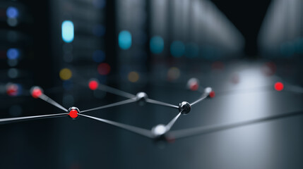 A network of interconnected nodes glows against the backdrop of a high-tech data center, illustrating the core of data transfer.