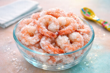 Frozen Shrimp Covered In Ice Crystals In Glass Bowl On Pastel Kitchen Counter