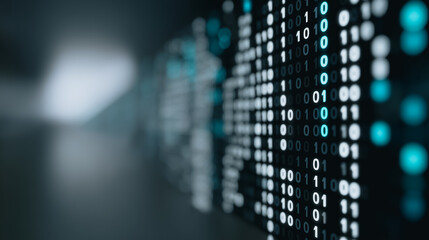 Digital data streams flow in an infinite binary code. Capture the complex patterns. The image conveys the essence of technological innovation.