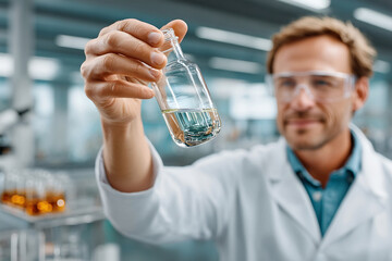Chemist carefully inspects clear liquid glass vial. Researcher works with experimental fluid modern laboratory, expressing focus and dedication to